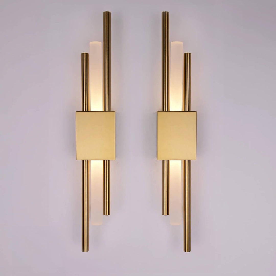 "Contemporary frosted glass wall lamp with dual lights, gold finish, featuring Italian-inspired design and soft illumination.