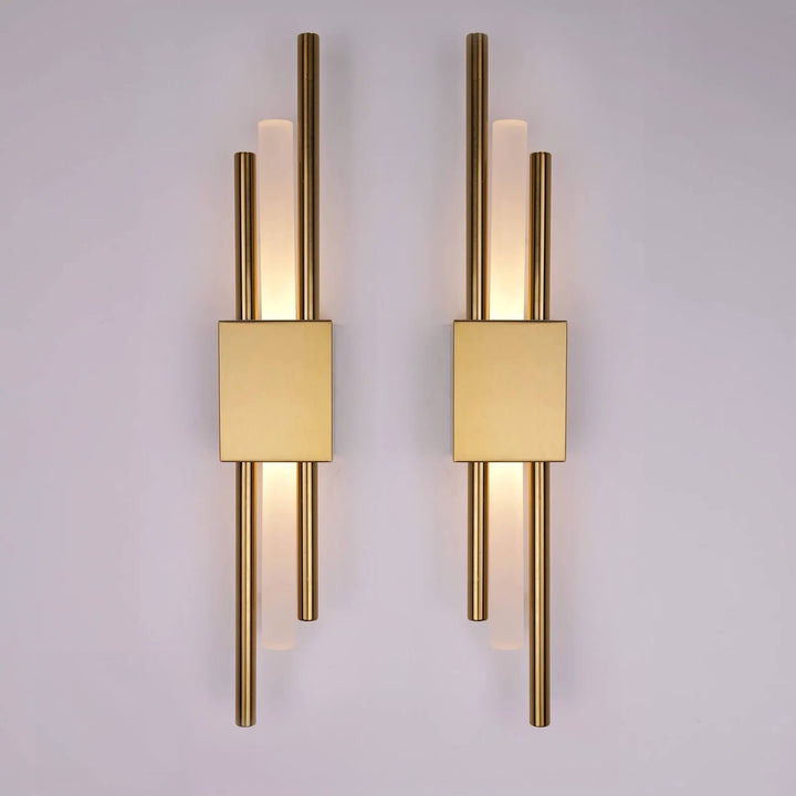 "Contemporary frosted glass wall lamp with dual lights, gold finish, featuring Italian-inspired design and soft illumination.