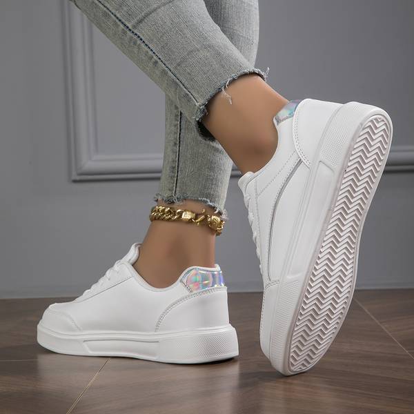Women's White Leather Trainers with Metallic Accents