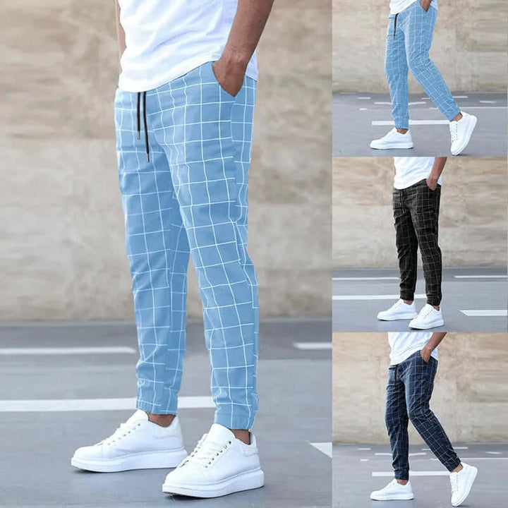 Men's Slim Fit Joggers: Grid Pattern, Elastic Waistband