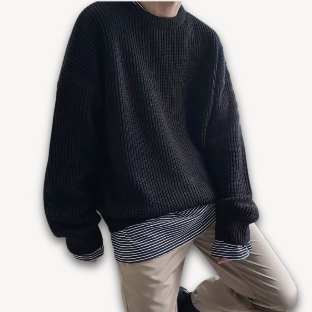 Dark green men's oversized knit sweater, soft acrylic, ribbed texture, cozy winter wear, casual elegance, warm menswear.