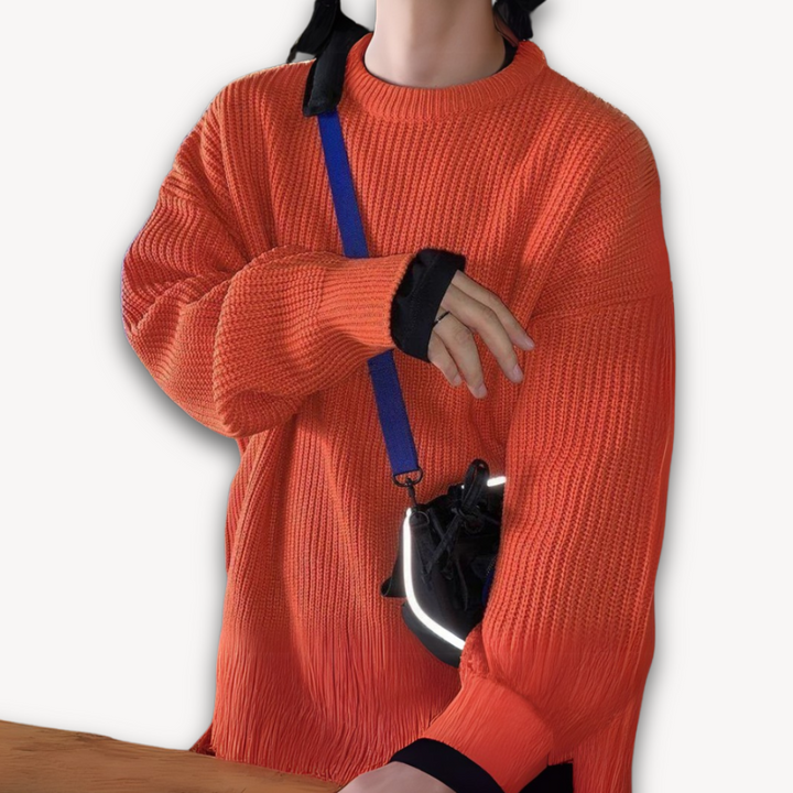 Dark green men's oversized knit sweater, soft acrylic, ribbed texture, cozy winter wear, casual elegance, warm menswear.