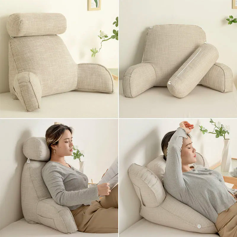 "Deluxe backrest pillow with arms and headrest in cream, featuring a soft-touch finish and side pocket for added convenience.