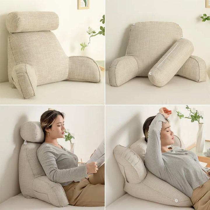 "Deluxe backrest pillow with arms and headrest in cream, featuring a soft-touch finish and side pocket for added convenience.