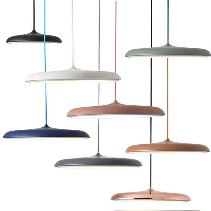 "Disc-shaped Scandinavian pendant light with LED, metal & acrylic materials, in elegant minimalist design for modern décor."