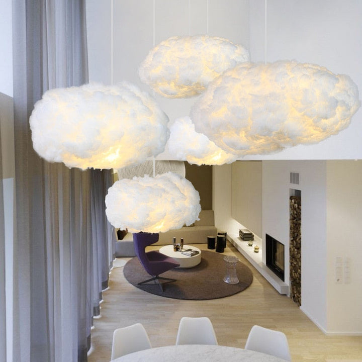 "Dreamy cloud chandelier with soft, fluffy cotton design emits warm, inviting glow for cozy home lighting ambiance."