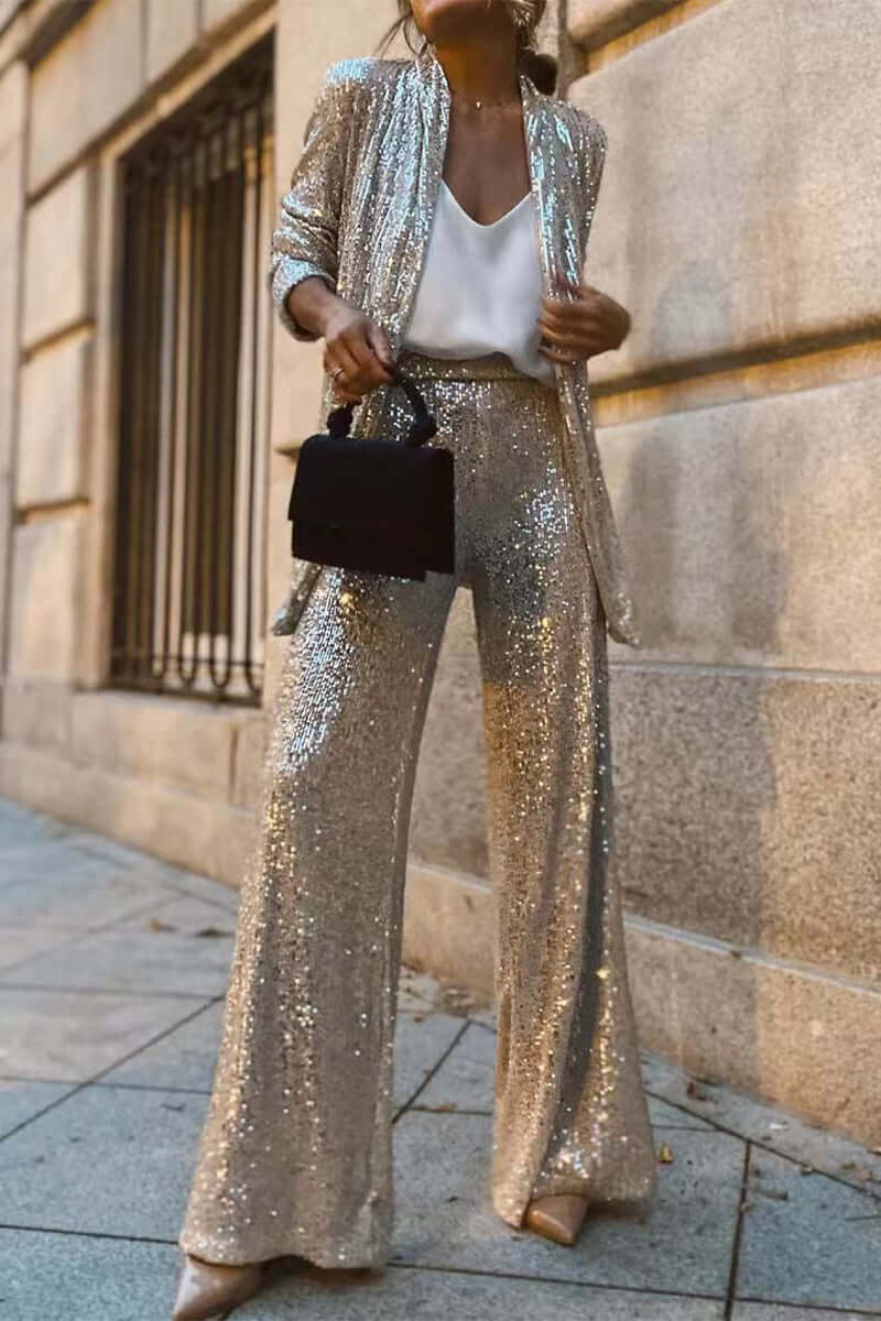 Sequin Long Sleeve Suit & Pants Set - Women