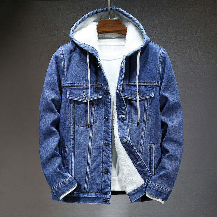 Men's Winter Denim Jacket with Faux Lambskin Lining
