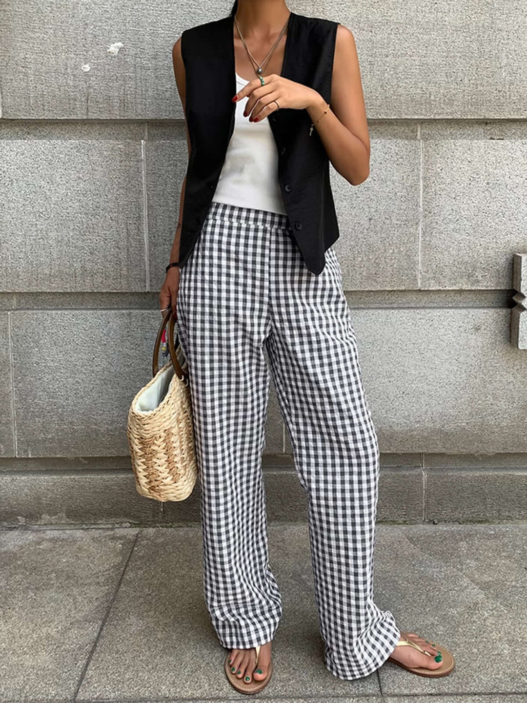 Women's Gingham Wide-Leg Trousers