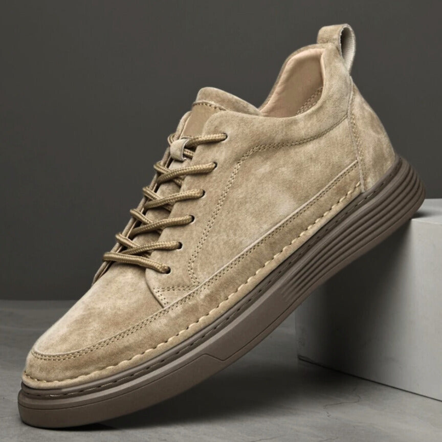 Elegant men's khaki leather sneakers - casual/smart casual footwear with sleek design and versatile styling.