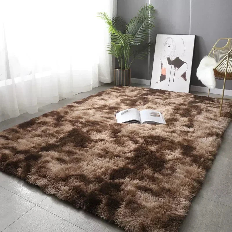 "Elegant round ultra-soft fluffy rug, non-slip, plush texture, perfect for home decor, enhances cozy room atmosphere."
