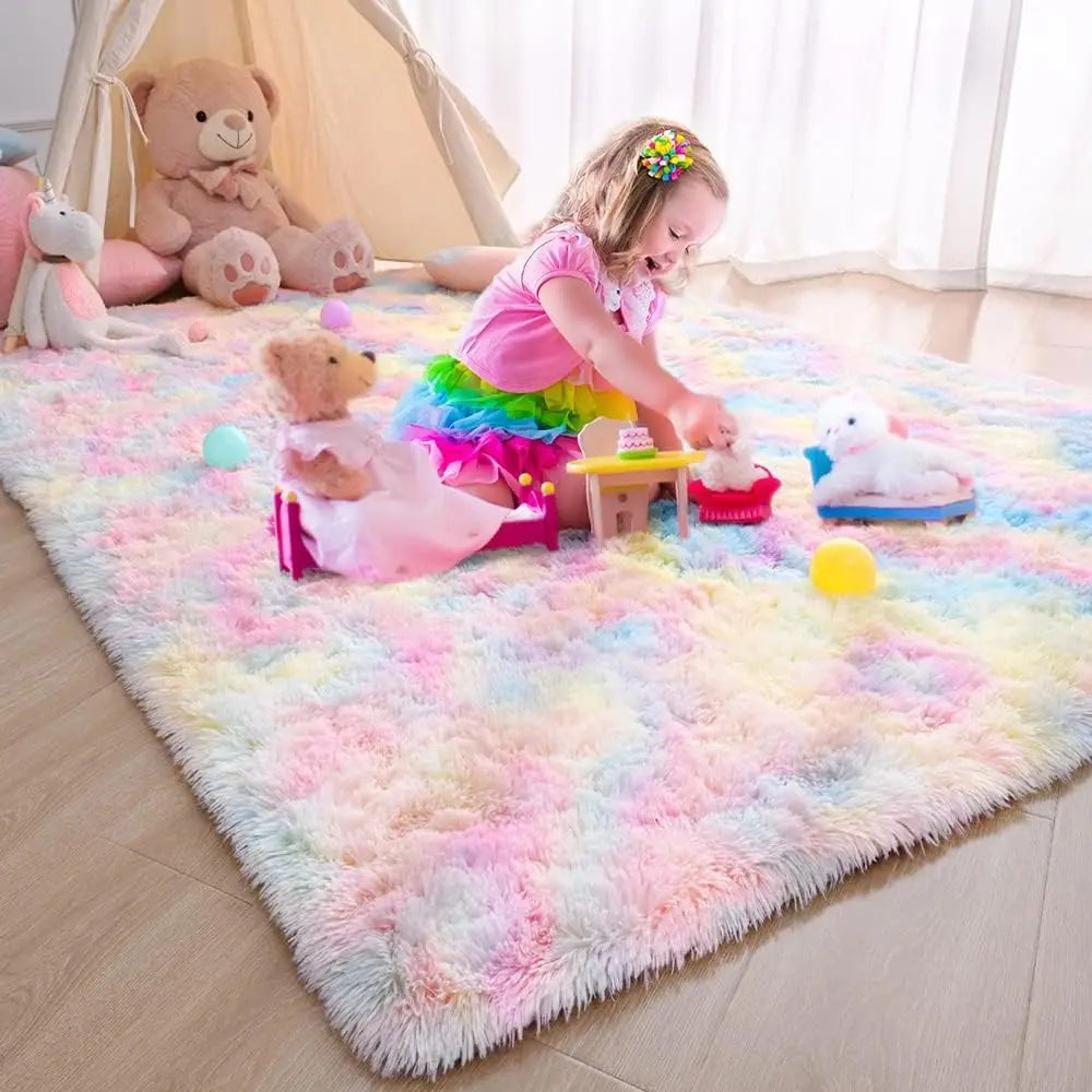 "Elegant round ultra-soft fluffy rug, non-slip, plush texture, perfect for home decor, enhances cozy room atmosphere."