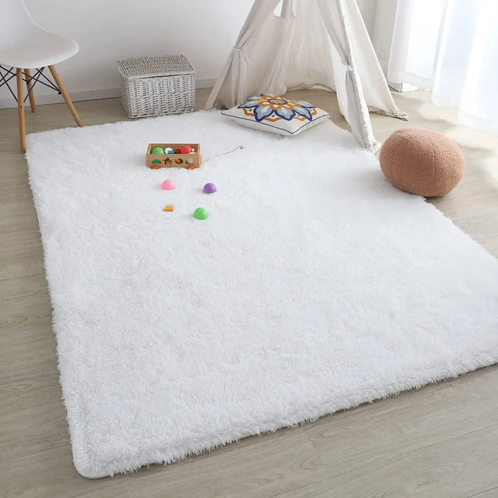 "Elegant round ultra-soft fluffy rug, non-slip, plush texture, perfect for home decor, enhances cozy room atmosphere."