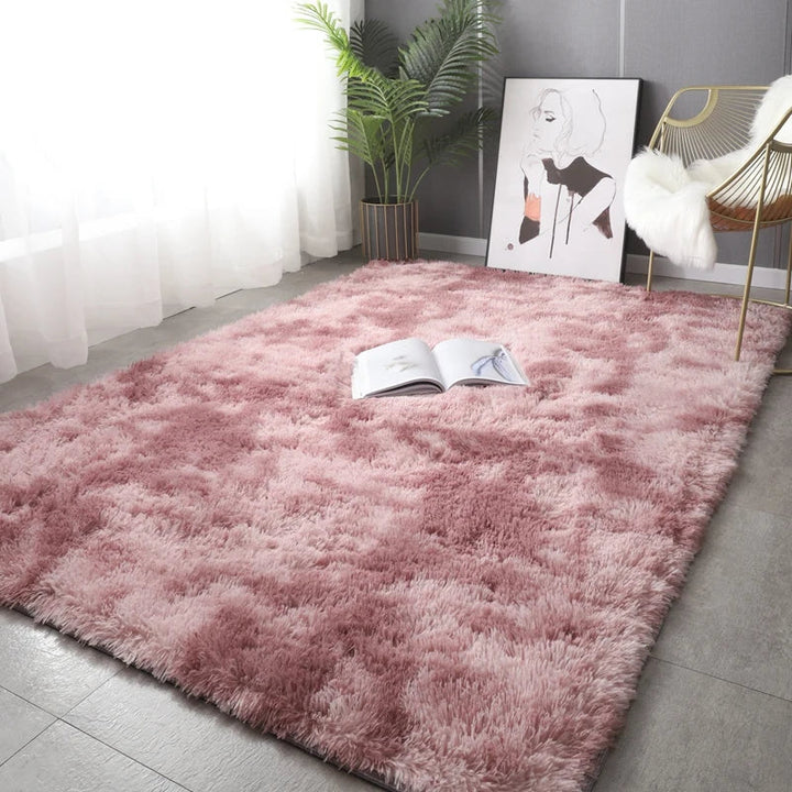 "Elegant round ultra-soft fluffy rug, non-slip, plush texture, perfect for home decor, enhances cozy room atmosphere."