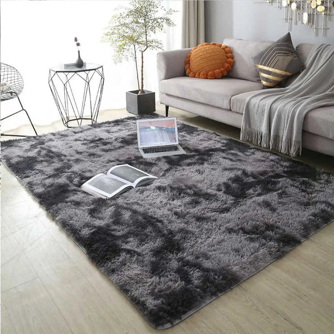 "Elegant round ultra-soft fluffy rug, non-slip, plush texture, perfect for home decor, enhances cozy room atmosphere."