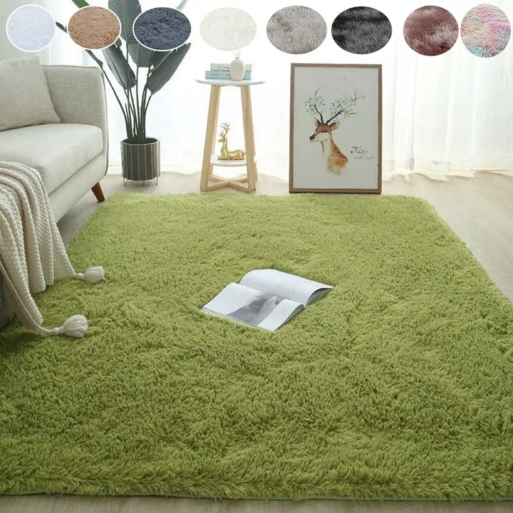 "Elegant round ultra-soft fluffy rug, non-slip, plush texture, perfect for home decor, enhances cozy room atmosphere."