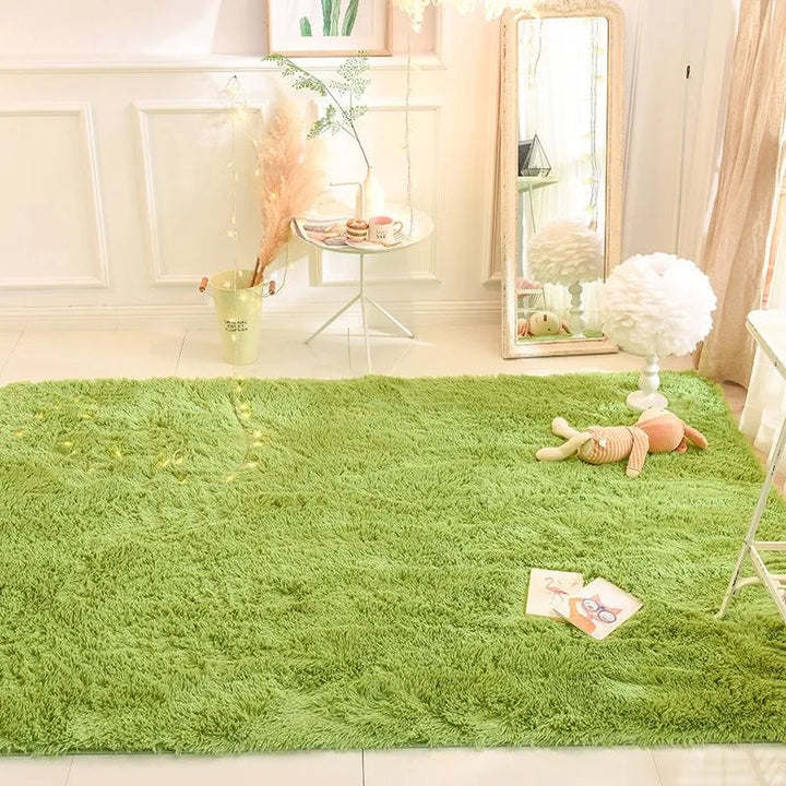 "Elegant round ultra-soft fluffy rug, non-slip, plush texture, perfect for home decor, enhances cozy room atmosphere."