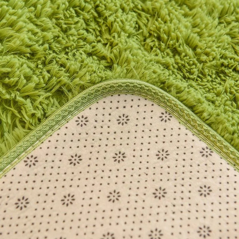 "Elegant round ultra-soft fluffy rug, non-slip, plush texture, perfect for home decor, enhances cozy room atmosphere."