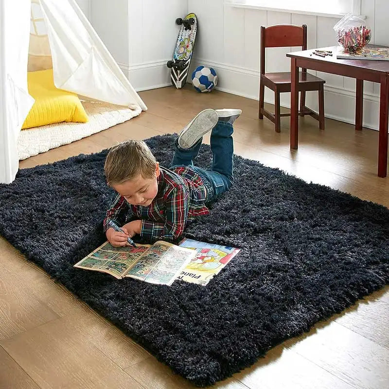 "Elegant round ultra-soft fluffy rug, non-slip, plush texture, perfect for home decor, enhances cozy room atmosphere."