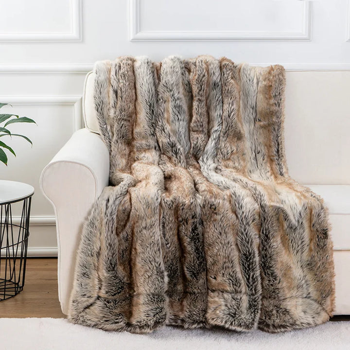 "Elegant soft mink faux fur throw blanket, luxurious, plush, gray tones, perfect for cozy home decor, 79x75 inches."