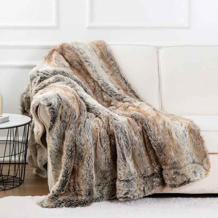 "Elegant soft mink faux fur throw blanket, luxurious, plush, gray tones, perfect for cozy home decor, 79x75 inches."