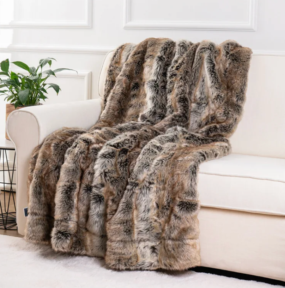 "Elegant soft mink faux fur throw blanket, luxurious, plush, gray tones, perfect for cozy home decor, 79x75 inches."