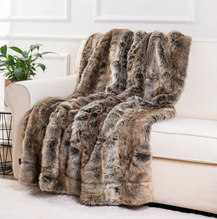 "Elegant soft mink faux fur throw blanket, luxurious, plush, gray tones, perfect for cozy home decor, 79x75 inches."