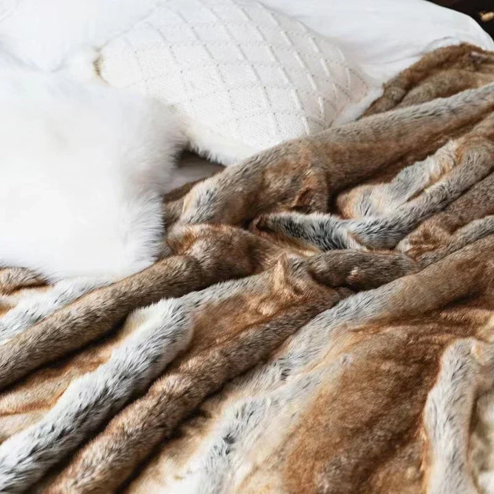 "Elegant soft mink faux fur throw blanket, luxurious, plush, gray tones, perfect for cozy home decor, 79x75 inches."