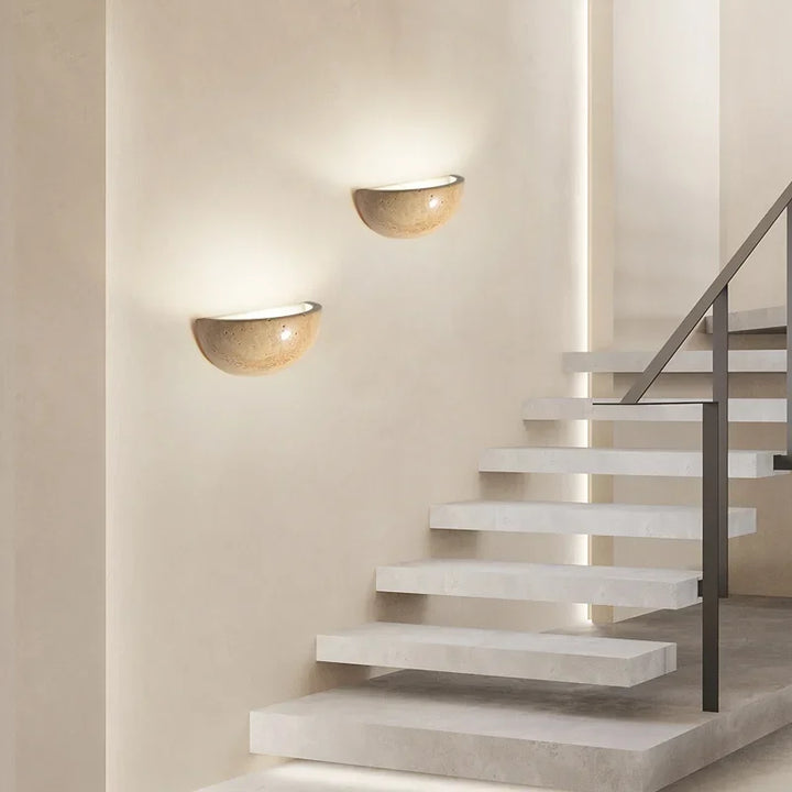 "Elegant stone-textured LED wall light, energy-efficient, modern lamp for living rooms and bedrooms with warm ambiance."