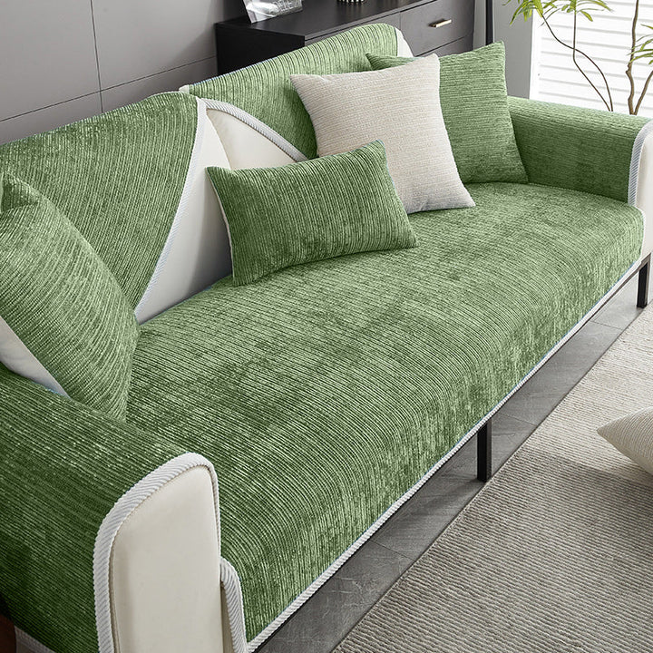 Elegant waterproof chenille sofa cover in soft hues, offering antimicrobial protection and sleek design for home decor.