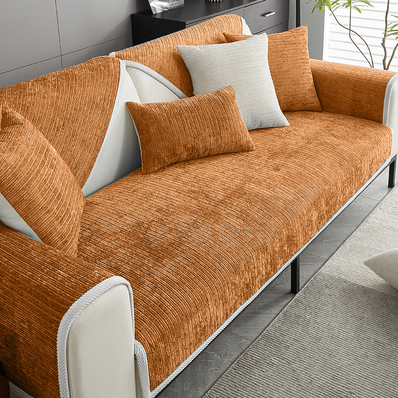 Elegant waterproof chenille sofa cover in soft hues, offering antimicrobial protection and sleek design for home decor.