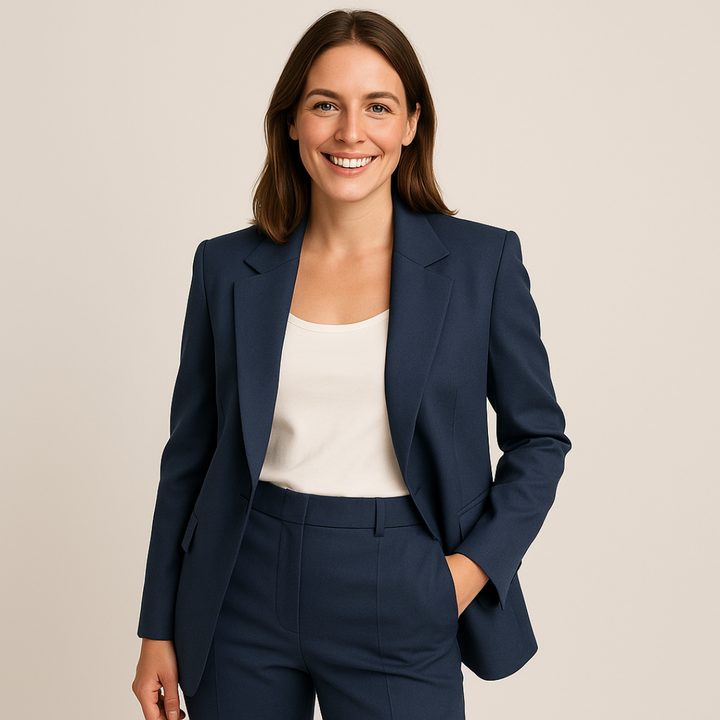 Elegant women's business suit in classic tailoring, navy blue color, perfect for formal and professional settings.