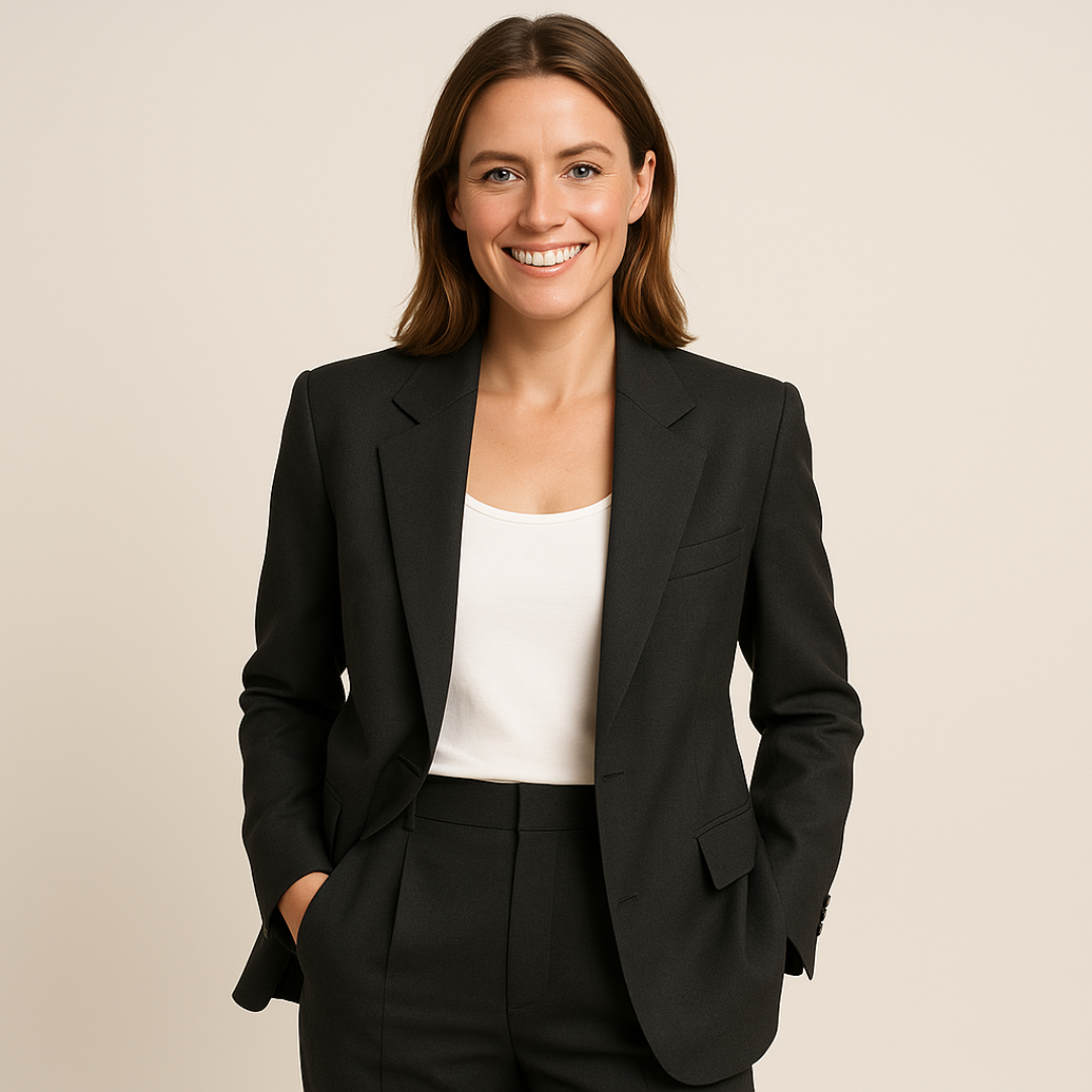 Elegant women's business suit in classic tailoring, navy blue color, perfect for formal and professional settings.