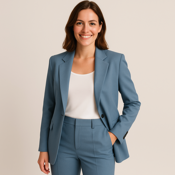 Elegant women's business suit in classic tailoring, navy blue color, perfect for formal and professional settings.