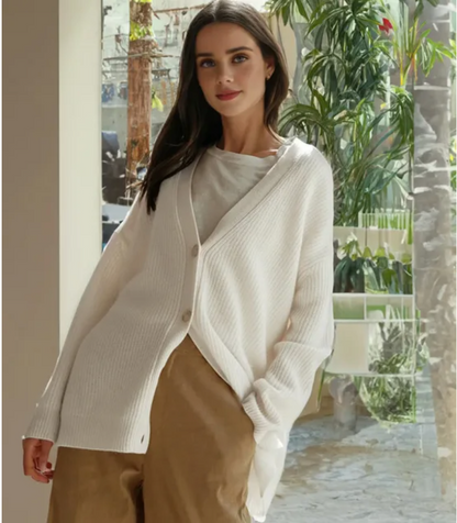 Elegant women's cashmere V-neck cardigan; soft, lightweight fabric in chic colors; perfect for layering and adding style.