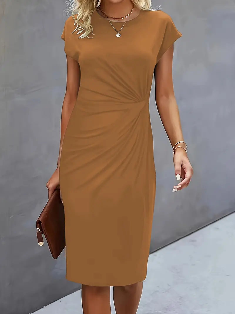 Elegant women's knee-length sheath dress with ruched waist, shown in dark green. Perfect for day-to-night wear.