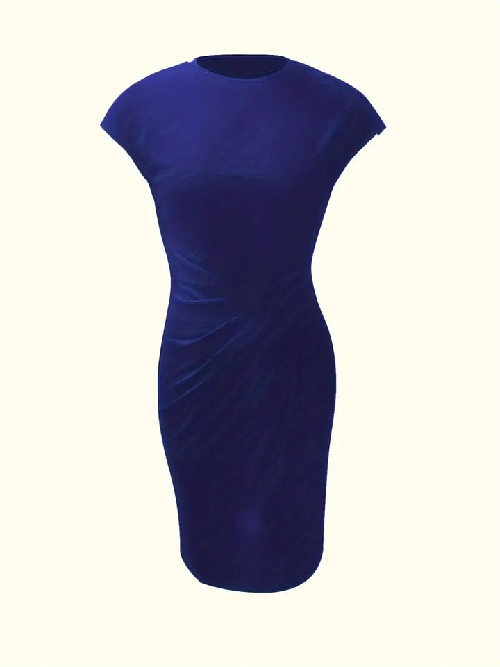 Elegant women's knee-length sheath dress with ruched waist, shown in dark green. Perfect for day-to-night wear.