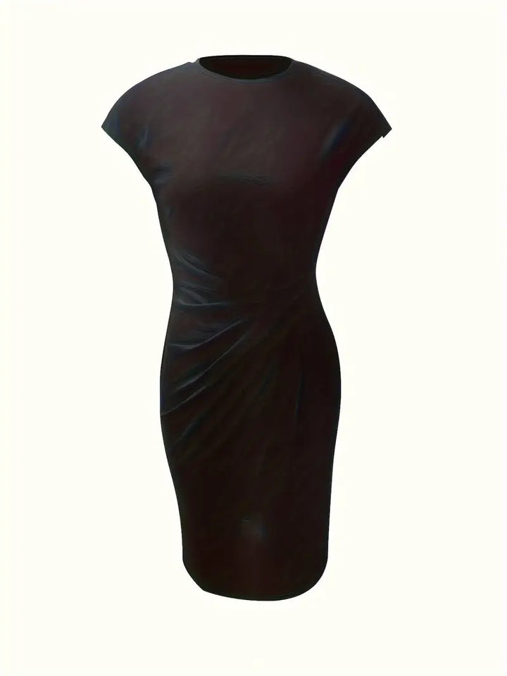 Elegant women's knee-length sheath dress with ruched waist, shown in dark green. Perfect for day-to-night wear.