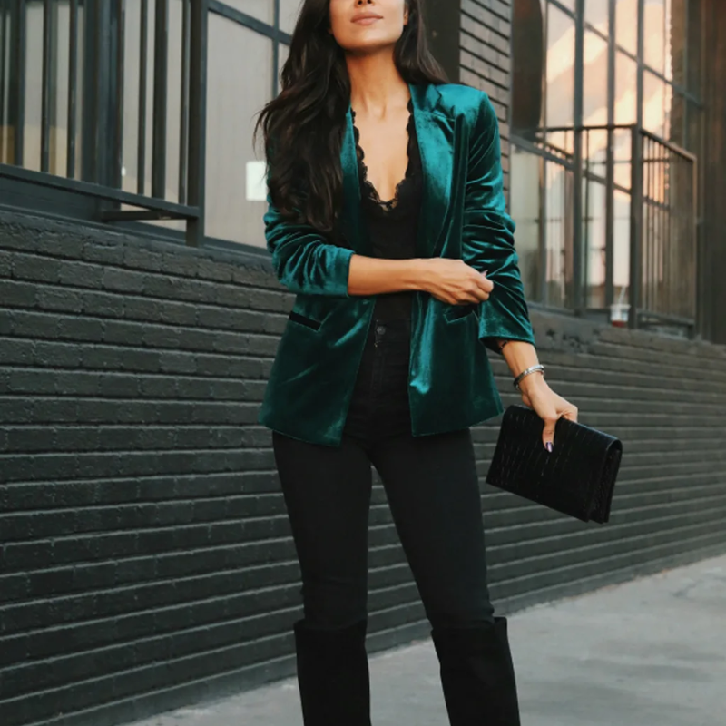 Elegant women's long-sleeved velvet blazer in soft velvet, tailored fit for formal or casual chic outfits.