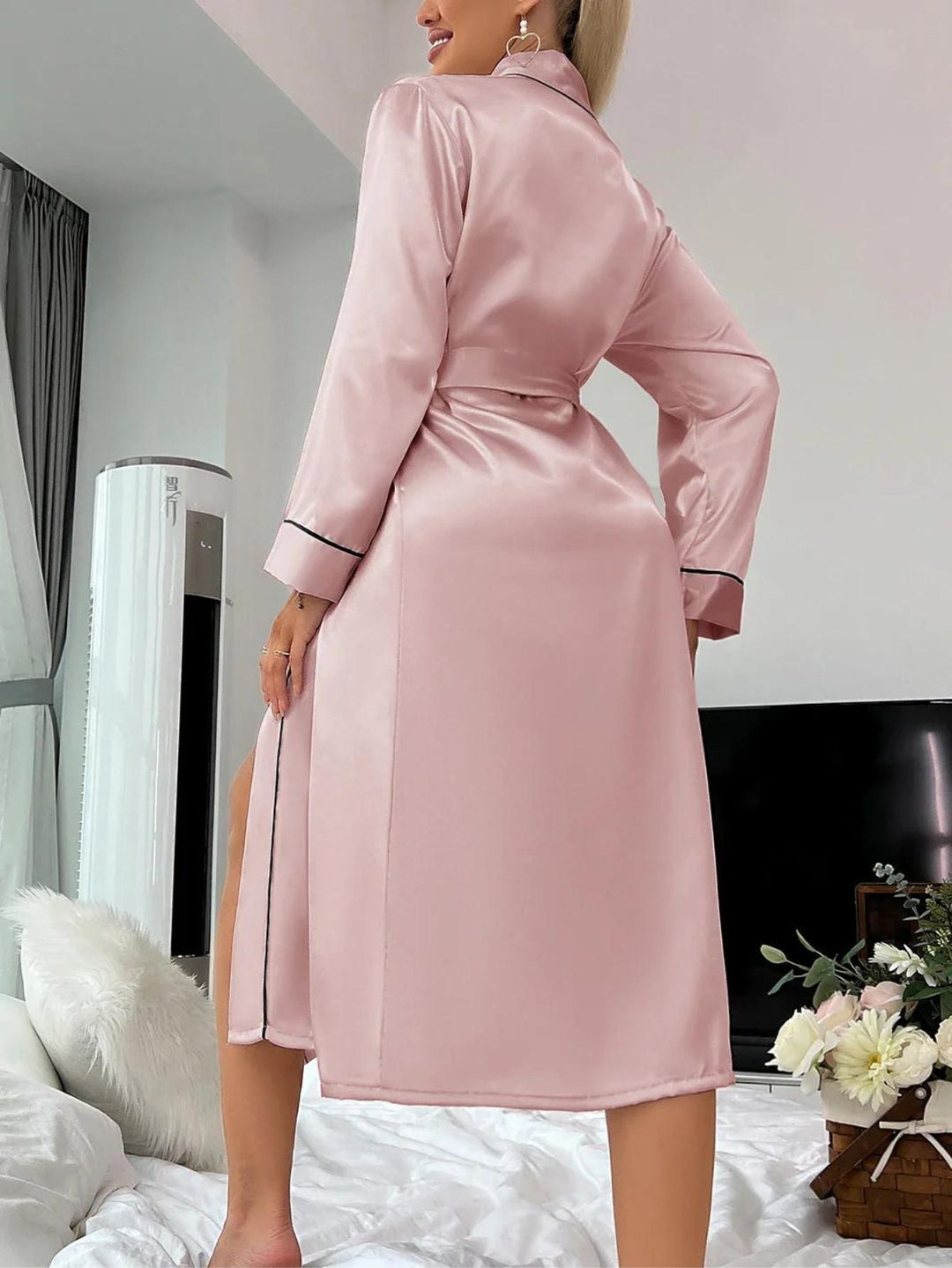 "Elegant women's satin kimono robe, lightweight and silky, perfect for luxury loungewear, shown in lush color options."