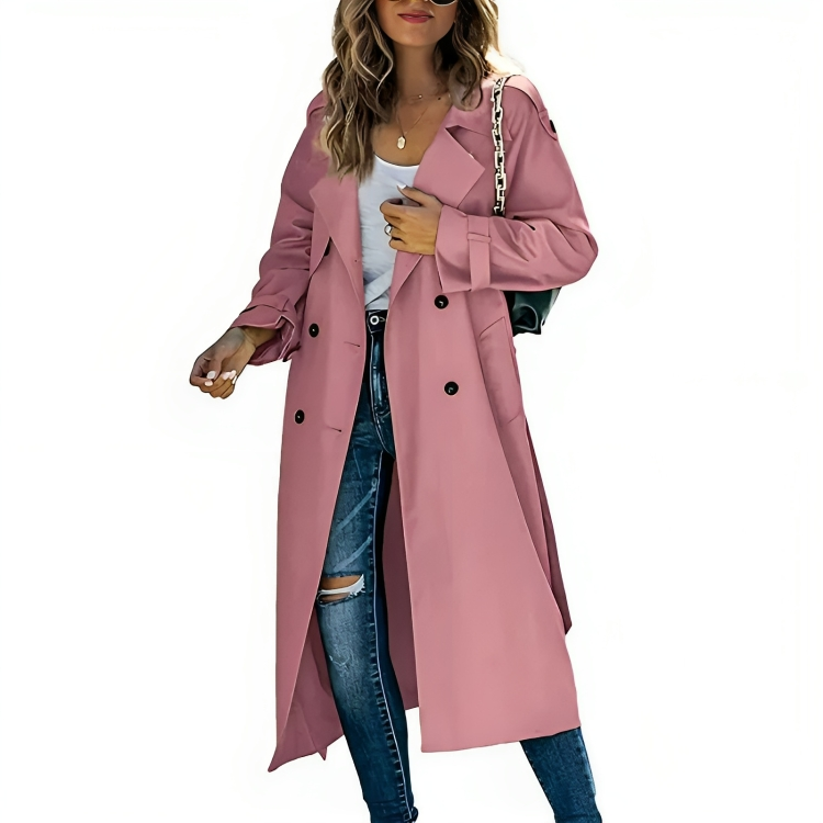 Elegant women's trench coat with lapel, belt, and tailored fit in beige for versatile, chic style in any season.