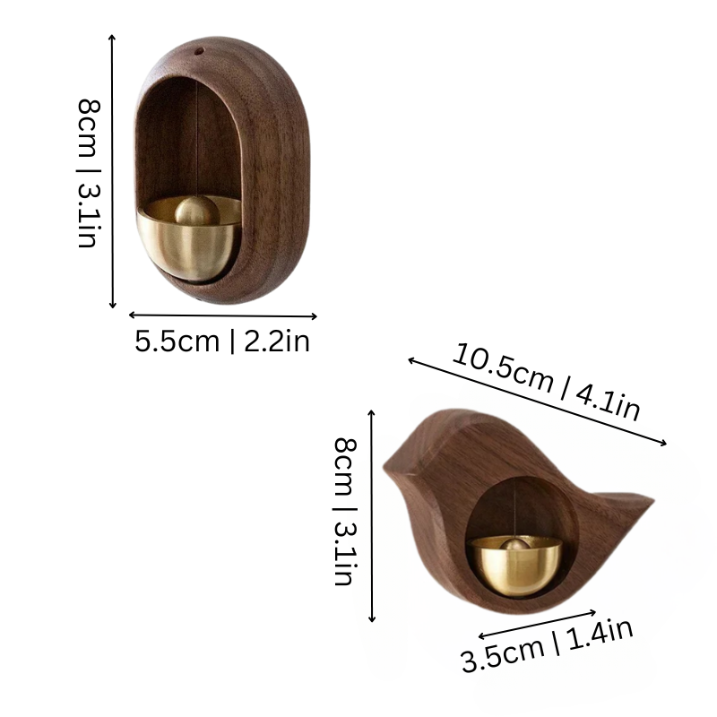 Elegant wooden door chimes with walnut and copper finish, available in Oval and Bird styles for home peace and tranquility.