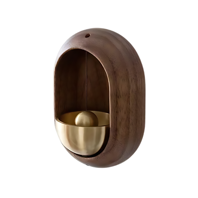 Elegant wooden door chimes with walnut and copper finish, available in Oval and Bird styles for home peace and tranquility.