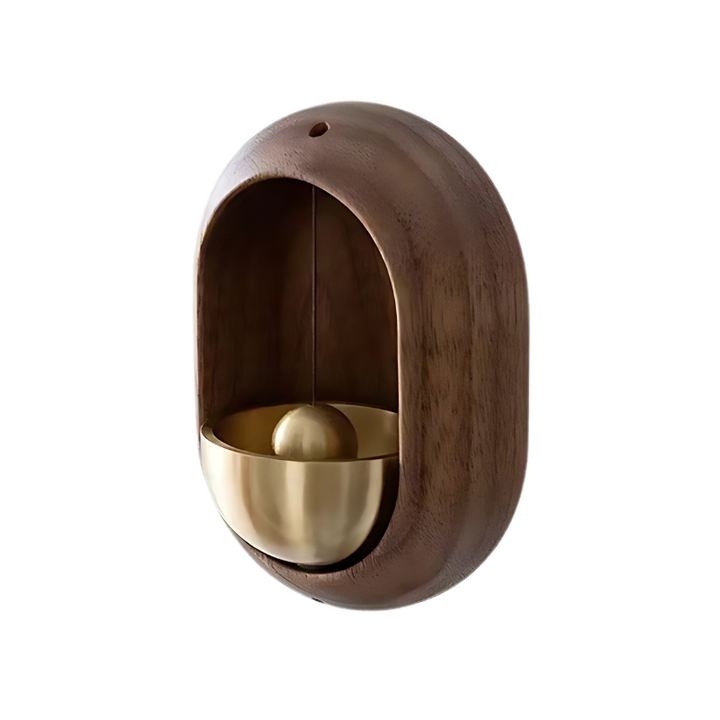 Elegant wooden door chimes with walnut and copper finish, available in Oval and Bird styles for home peace and tranquility.