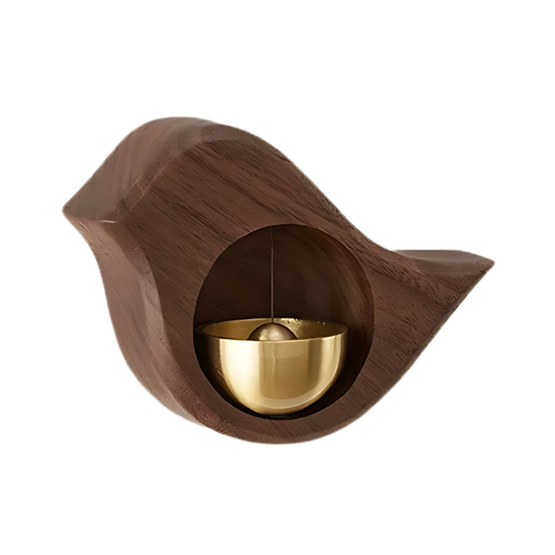 Elegant wooden door chimes with walnut and copper finish, available in Oval and Bird styles for home peace and tranquility.