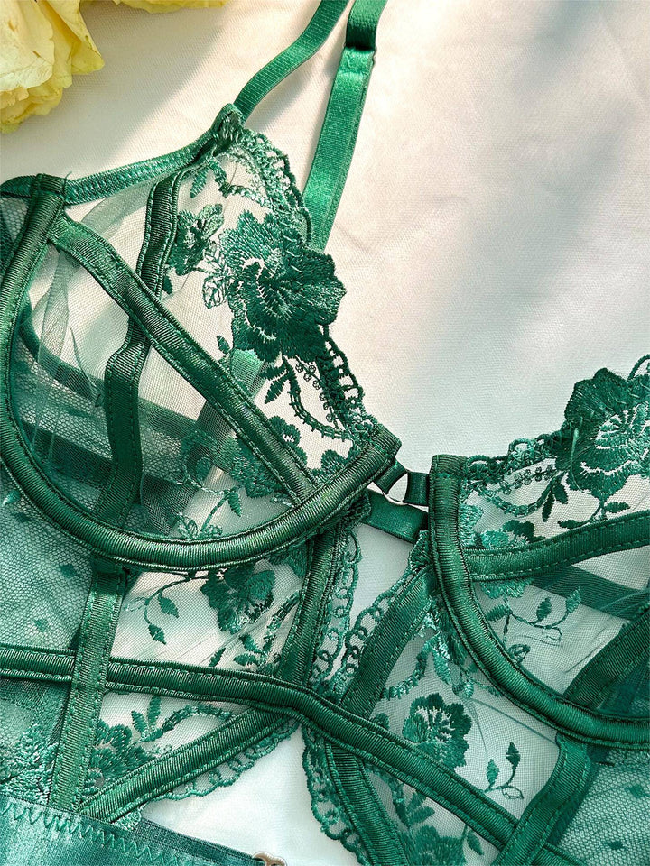 Emerald lace bodysuit for women with underwire support, featuring vibrant green lace, adjustable straps, and secure back clos