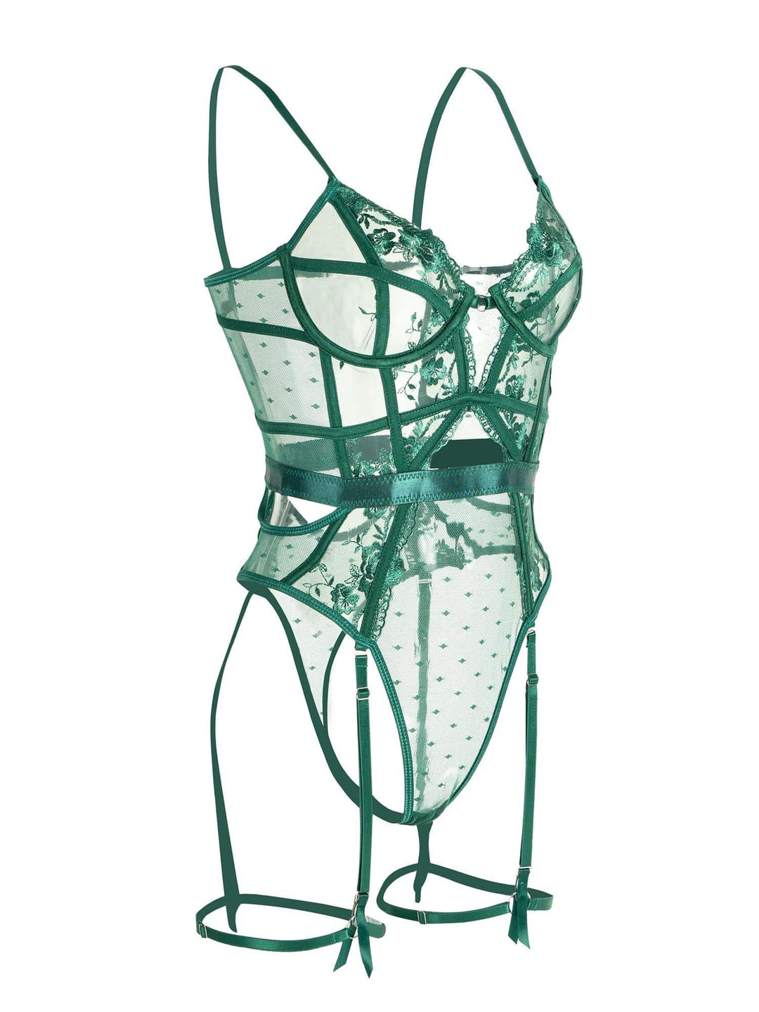 Emerald lace bodysuit for women with underwire support, featuring vibrant green lace, adjustable straps, and secure back clos