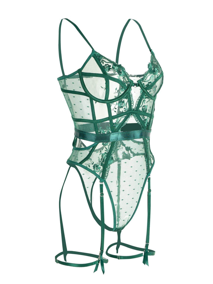Emerald lace bodysuit for women with underwire support, featuring vibrant green lace, adjustable straps, and secure back clos