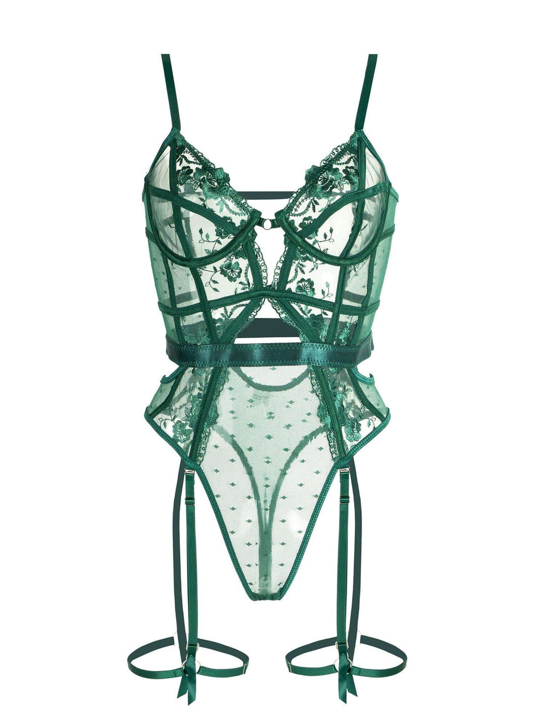 Emerald lace bodysuit for women with underwire support, featuring vibrant green lace, adjustable straps, and secure back clos