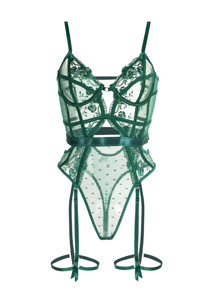 Emerald lace bodysuit for women with underwire support, featuring vibrant green lace, adjustable straps, and secure back clos